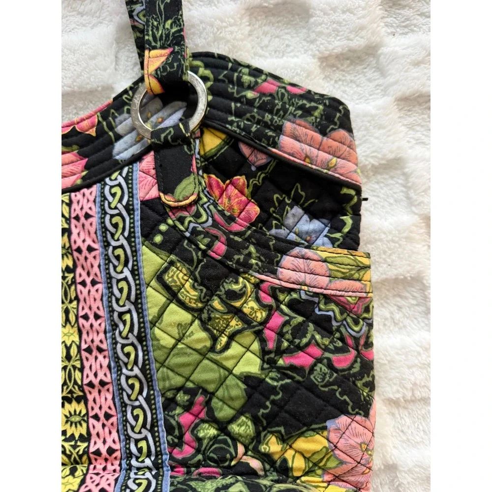 Marie by Giftcraft Quilted Floral Tote Bag Black/Pink/Green Shoulder Bag LG EUC